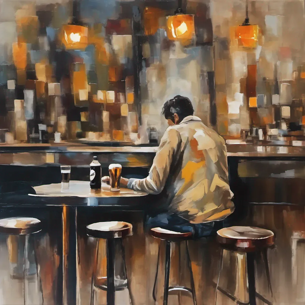 create and oil abstract of man sitting alone at bar counter drinking pint of guiness