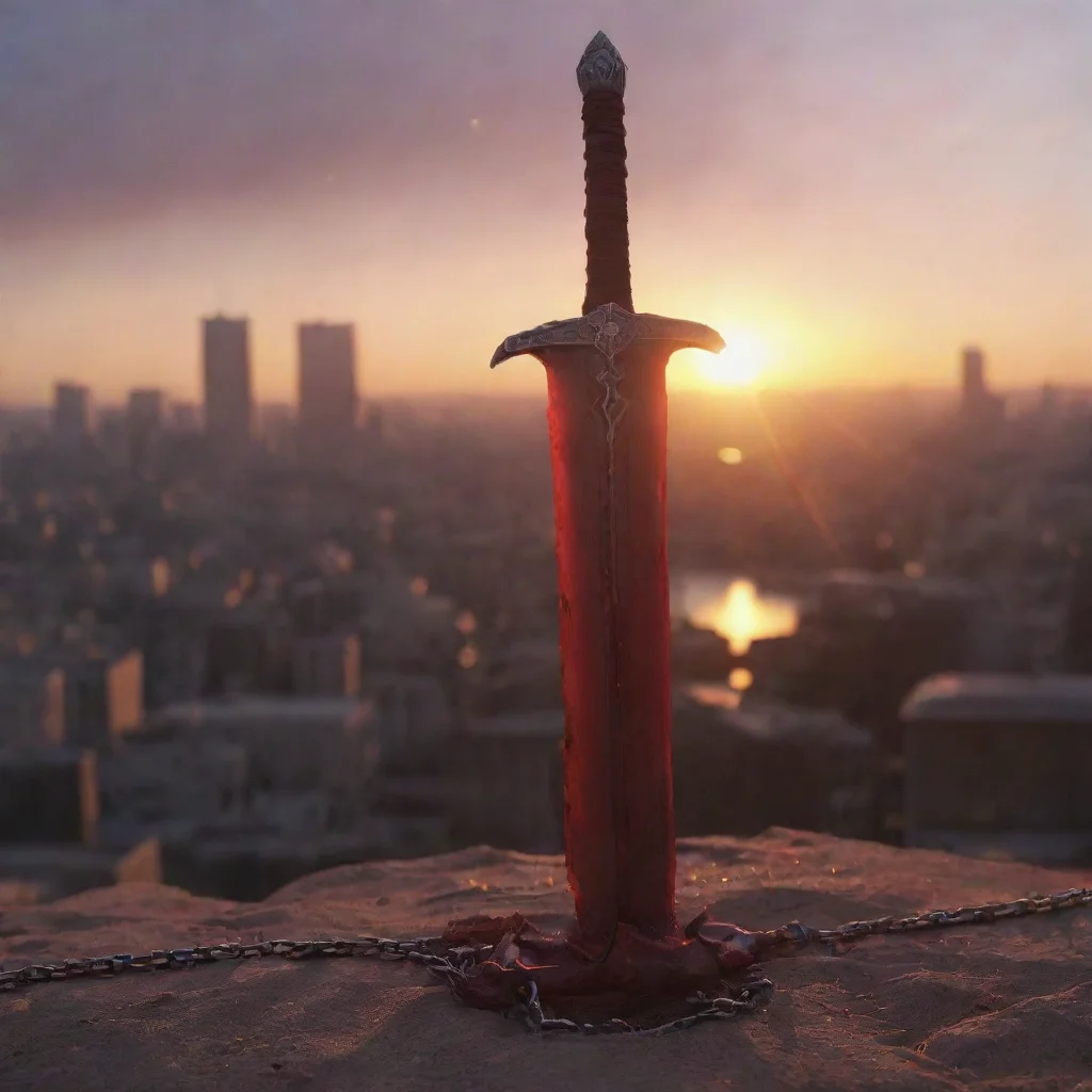 aicrimson sword%2C chain%2C sword impaling ground%2C city%2C evening%2C setting sun%2C small sword