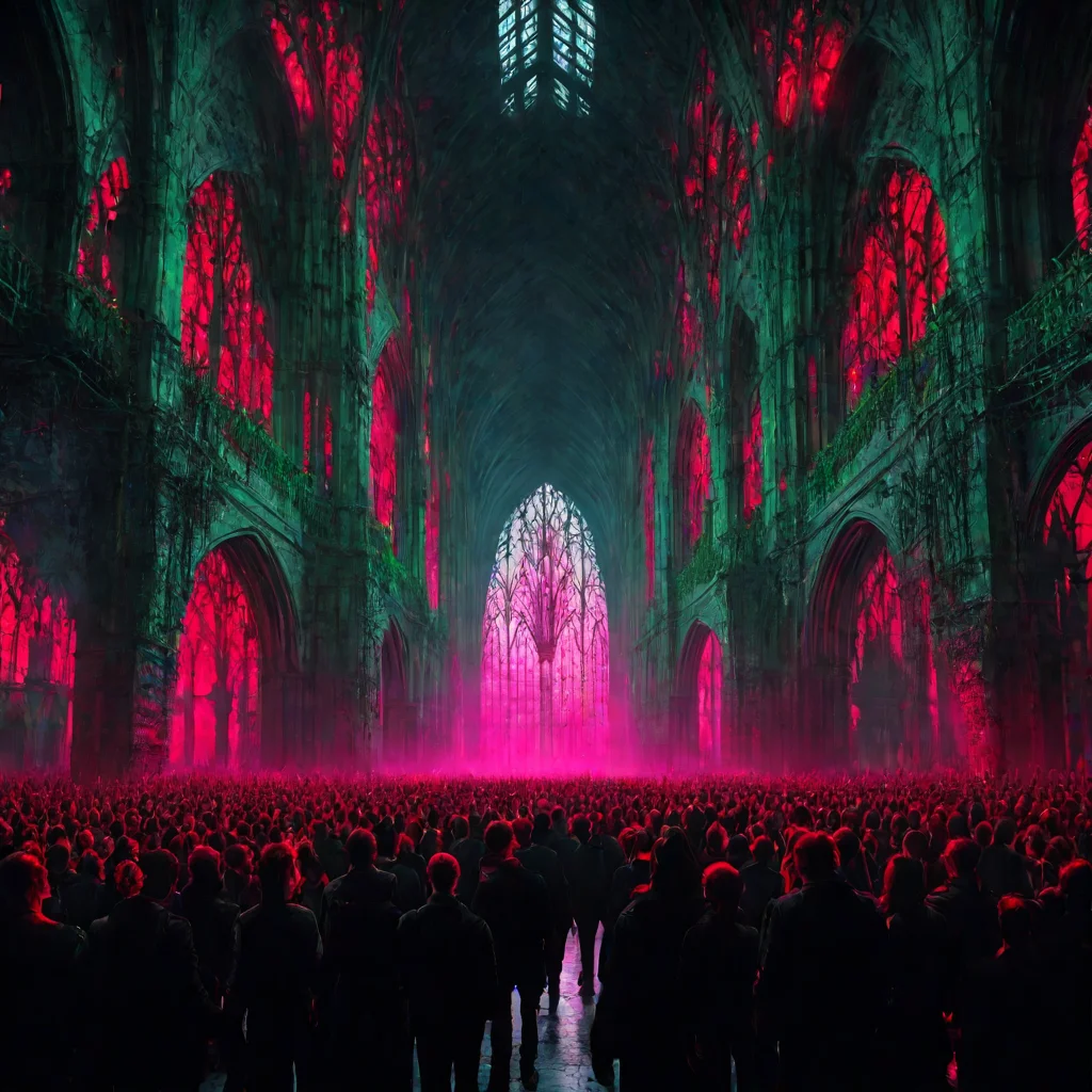 crowds of vampires inside a industrial cathedral goth gothic black red green neon laser metal spikes thorns overgrown ro