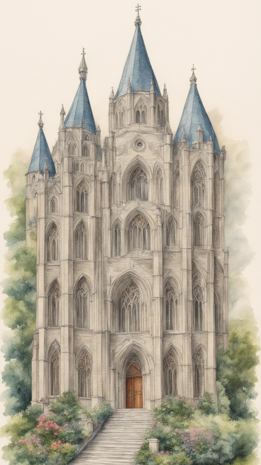 aicrude color pencil drawing of a beautiful church tall