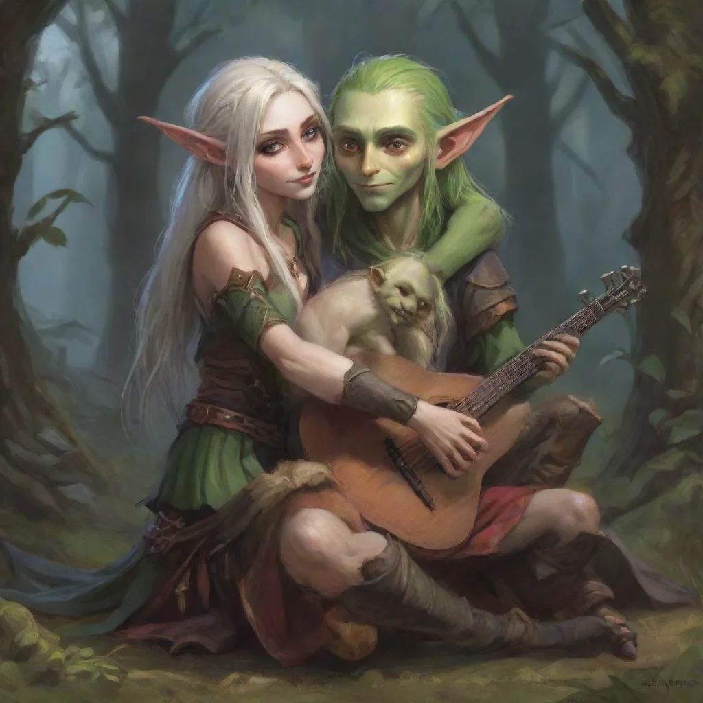 cuddling skinny high elf bard and goblins