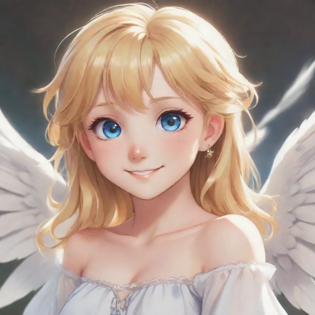 cute anime angel with blonde hair and blue eyes smiling 