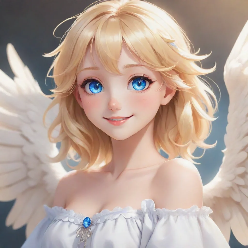 aicute anime blonde angel with blue eyes smiling.