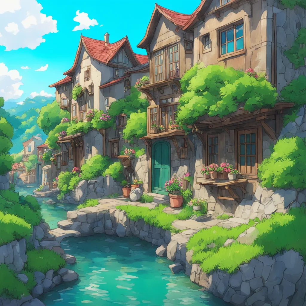 cute anime ghibli stone shop in town 5 storey lakes canals adorable cobbled town calming colors lake around shop hills green and sky blue in background