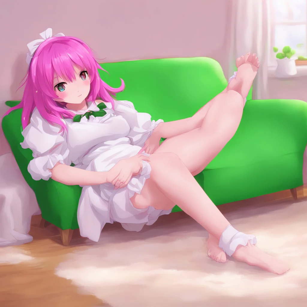 cute anime maid girl pink hair green eyes laying on couch with her feet barefoot out laying  amazing awesome portrait 2