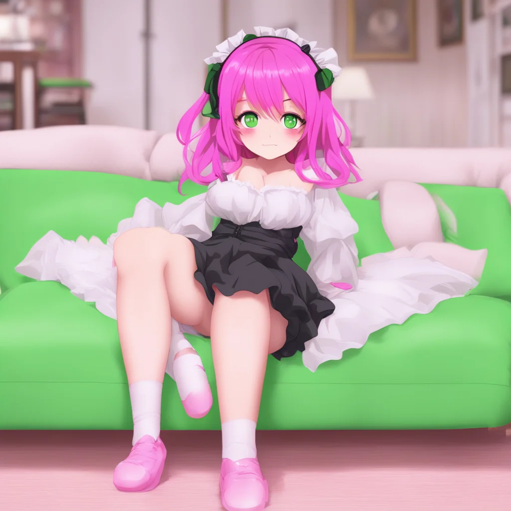 cute anime maid girl pink hair green eyes laying on couch with her feet barefoot out laying  good looking trending fantastic 1