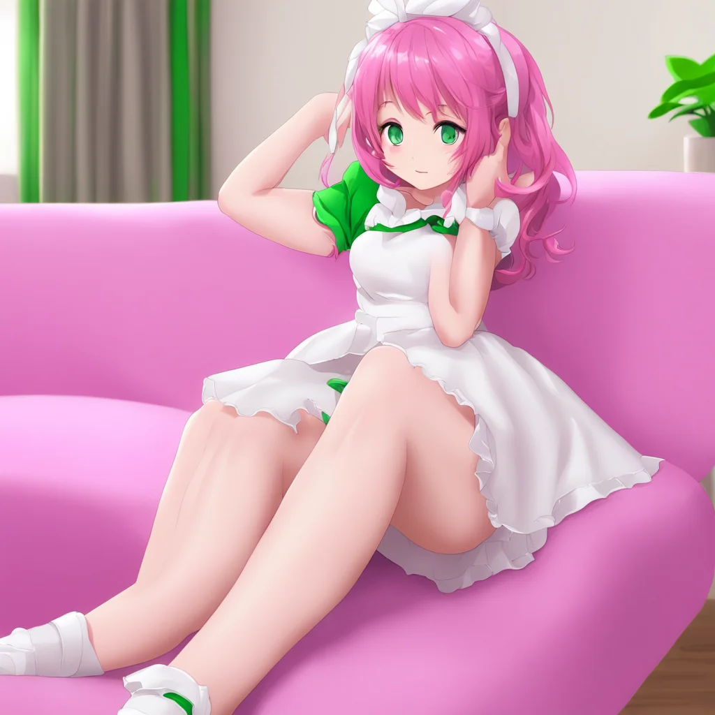 cute anime maid girl pink hair green eyes laying on couch with her feet barefoot out laying 