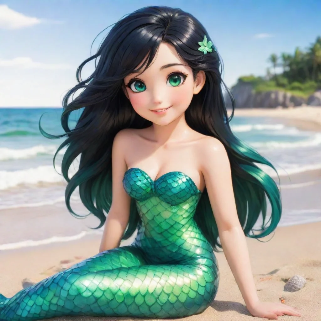 aicute anime mermaid with black hair and green eyes sitting on the beach smiling