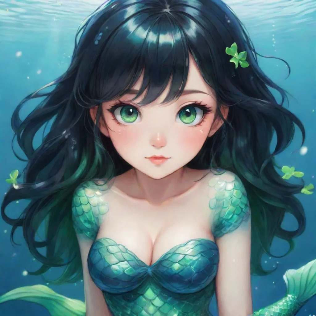 aicute anime mermaid with black hair and green eyes