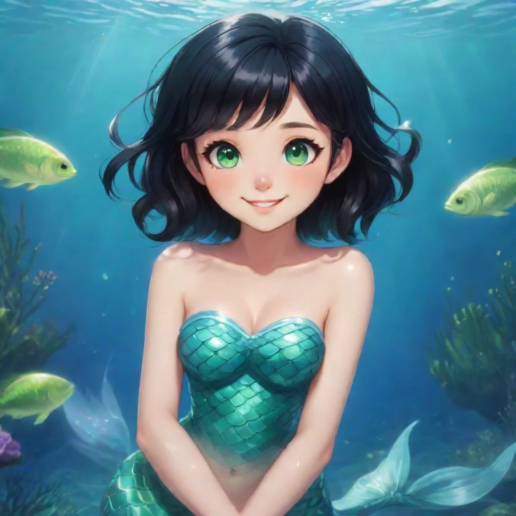 aicute anime mermaid with short black hair and green eyes smiling