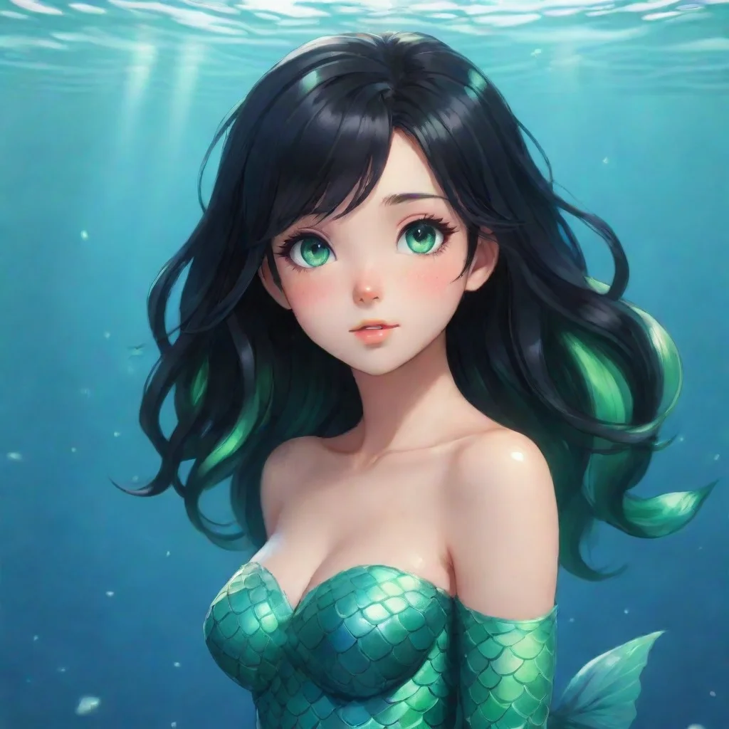 aicute anime mermaid with short black hair and green eyes