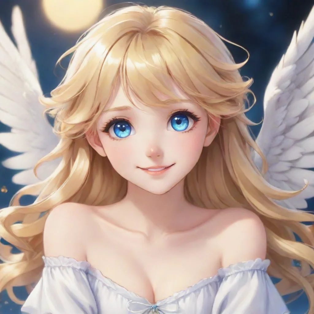 aicute blonde anime angel with blue eyes smiling 