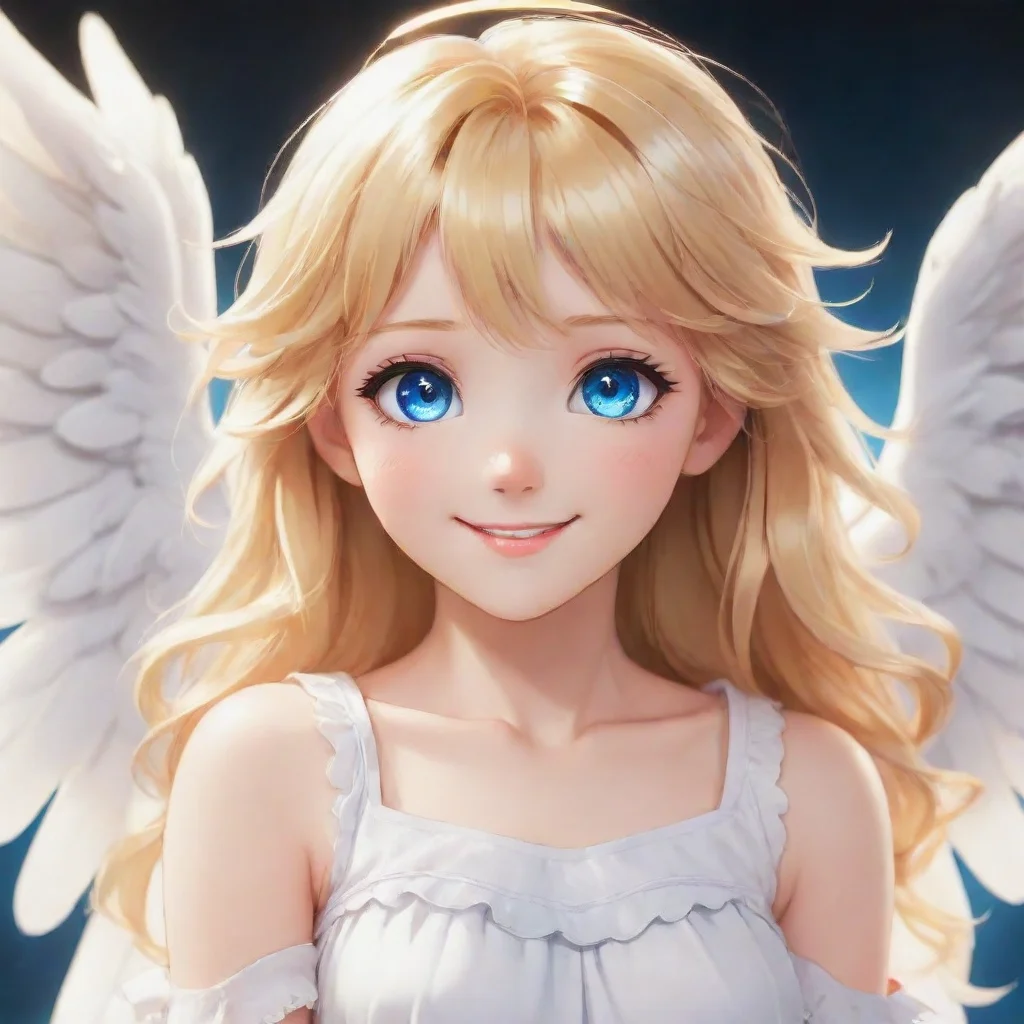 aicute blonde anime angel with blue eyes smiling appears