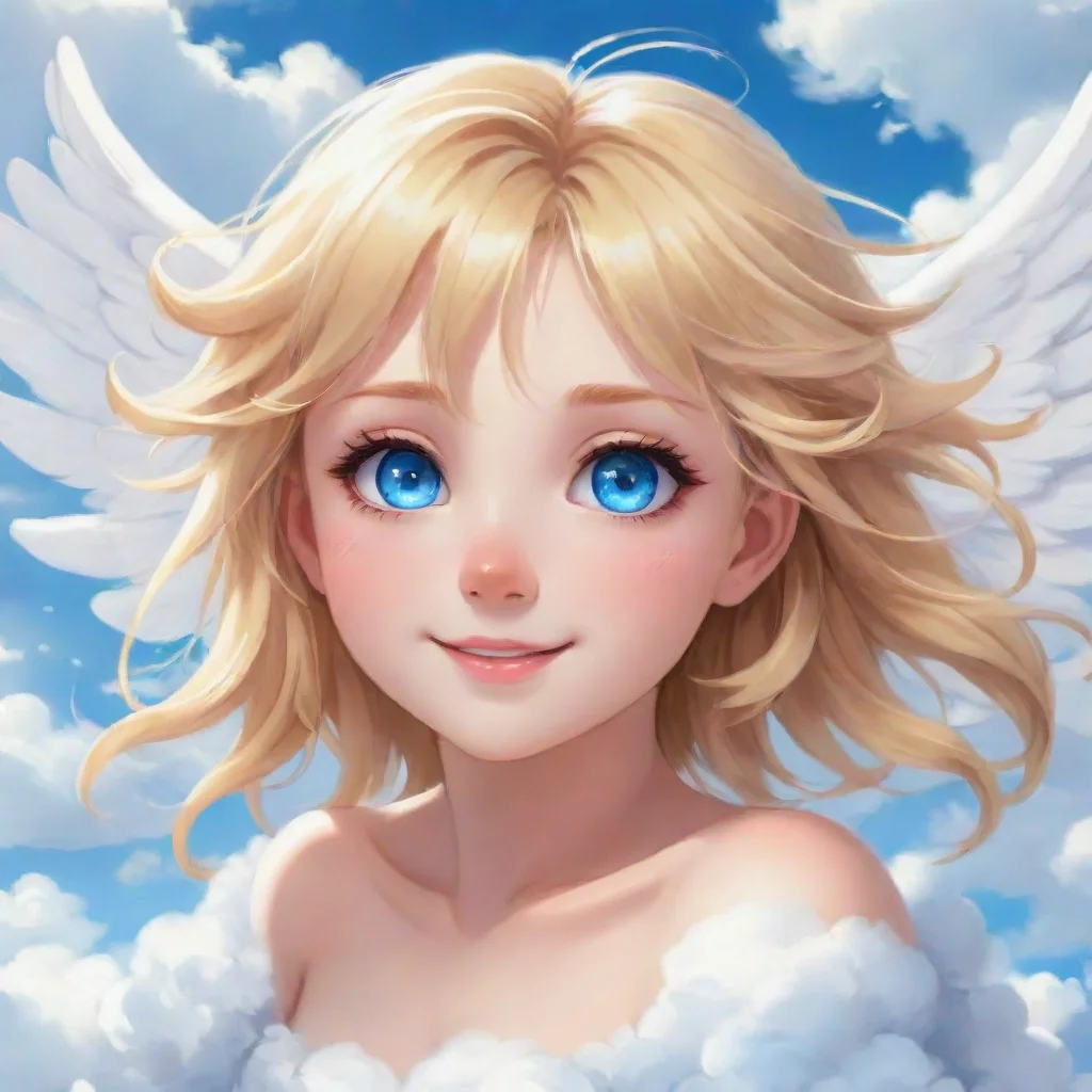 aicute blonde anime angel with blue eyes smiling on a cloud