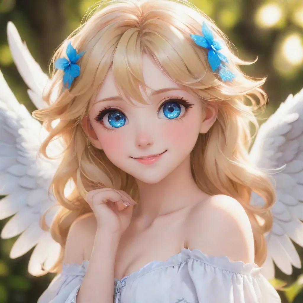 aicute blonde anime angel with blue eyes smiling