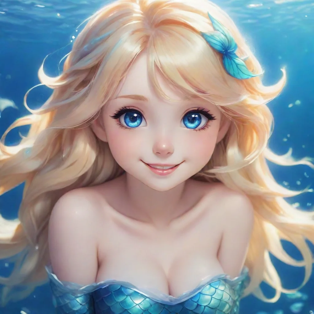 cute blonde anime mermaid with blue eyes smiling