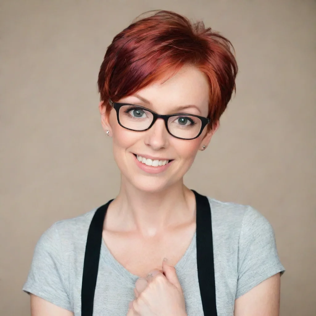 cute nerdy mother with short red hair