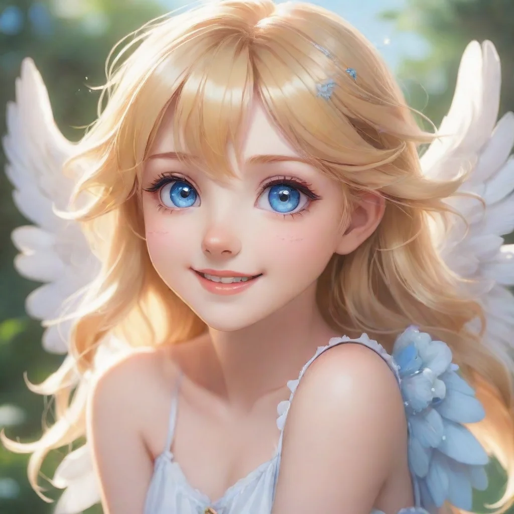 cute smiling blonde anime angel with blue eyes