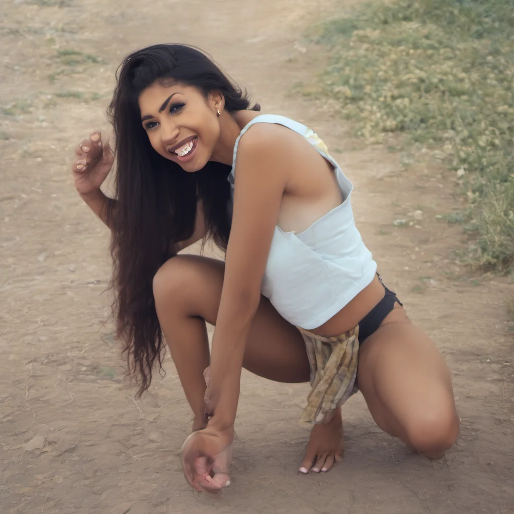 cute woman kneels with mputh wide open and tongue out