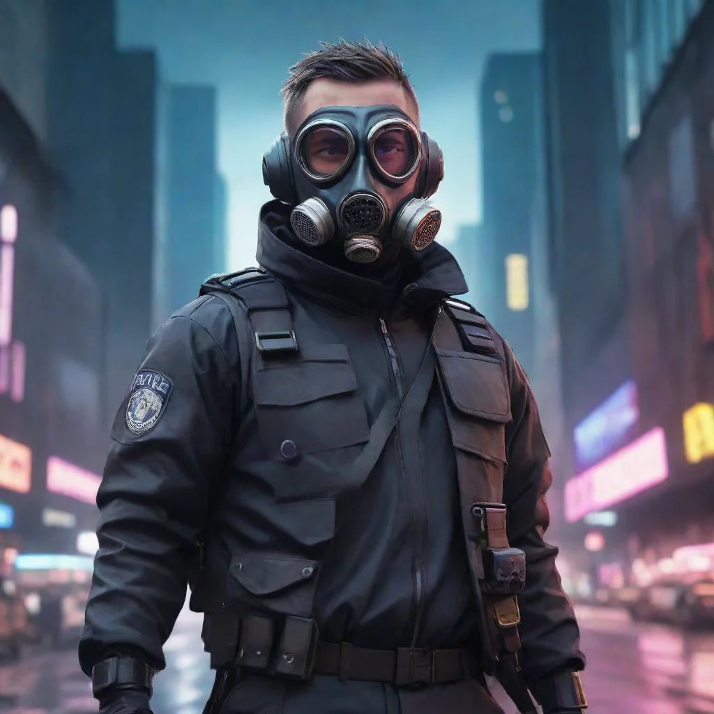 cyber punk police man wearing gas mask in large city with cartoon style