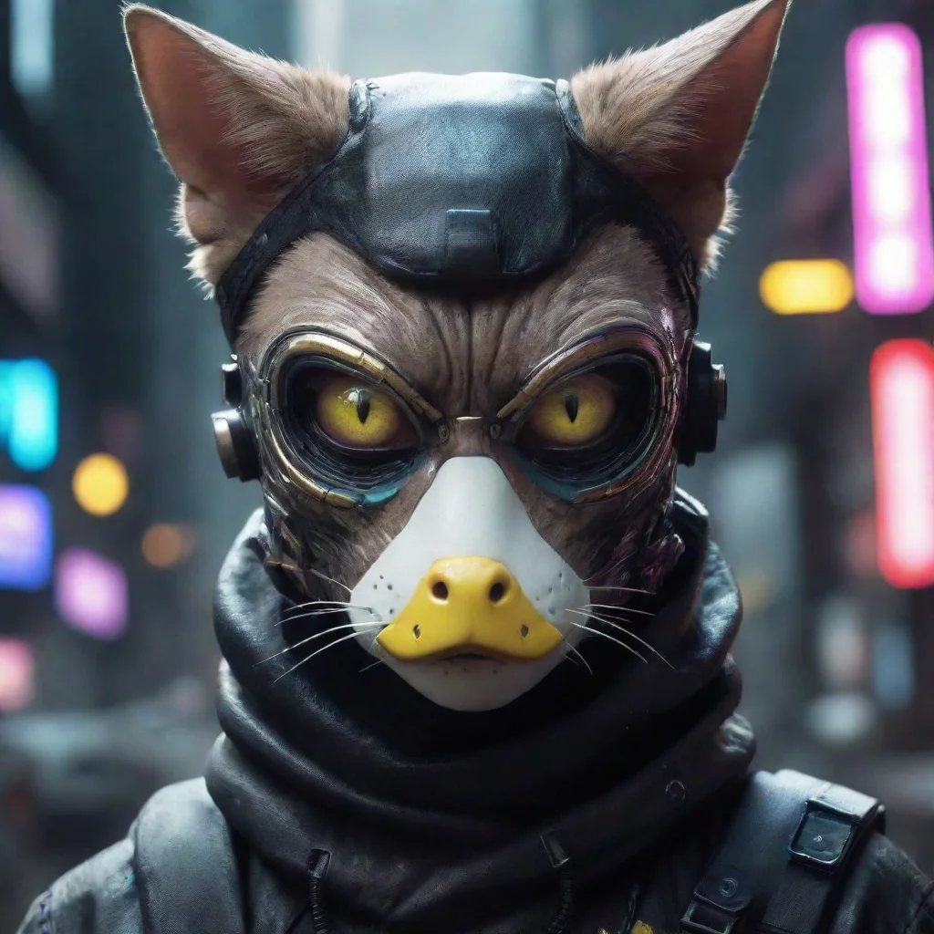 cyberpunk cat with duck mouth mask