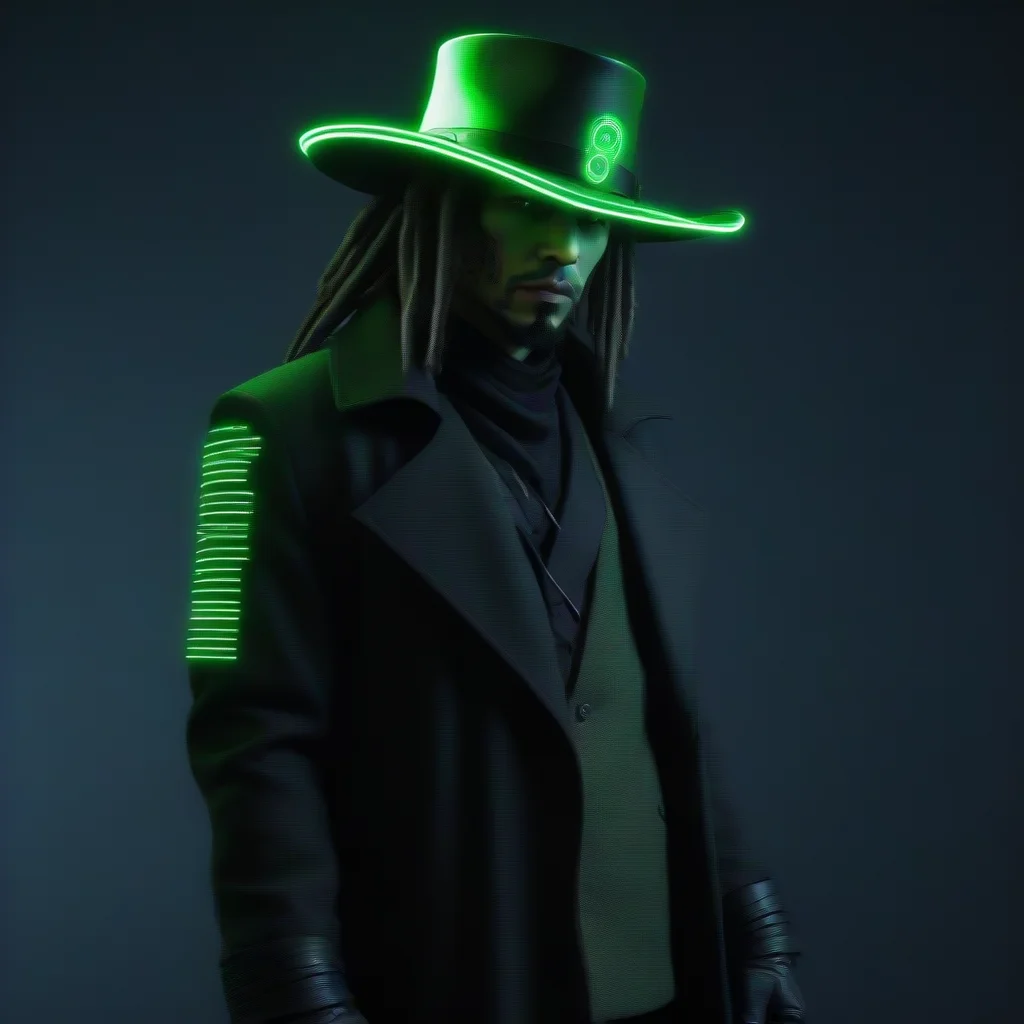 cyberpunk dreadlocked desperado hat coat neon matrix revolver green