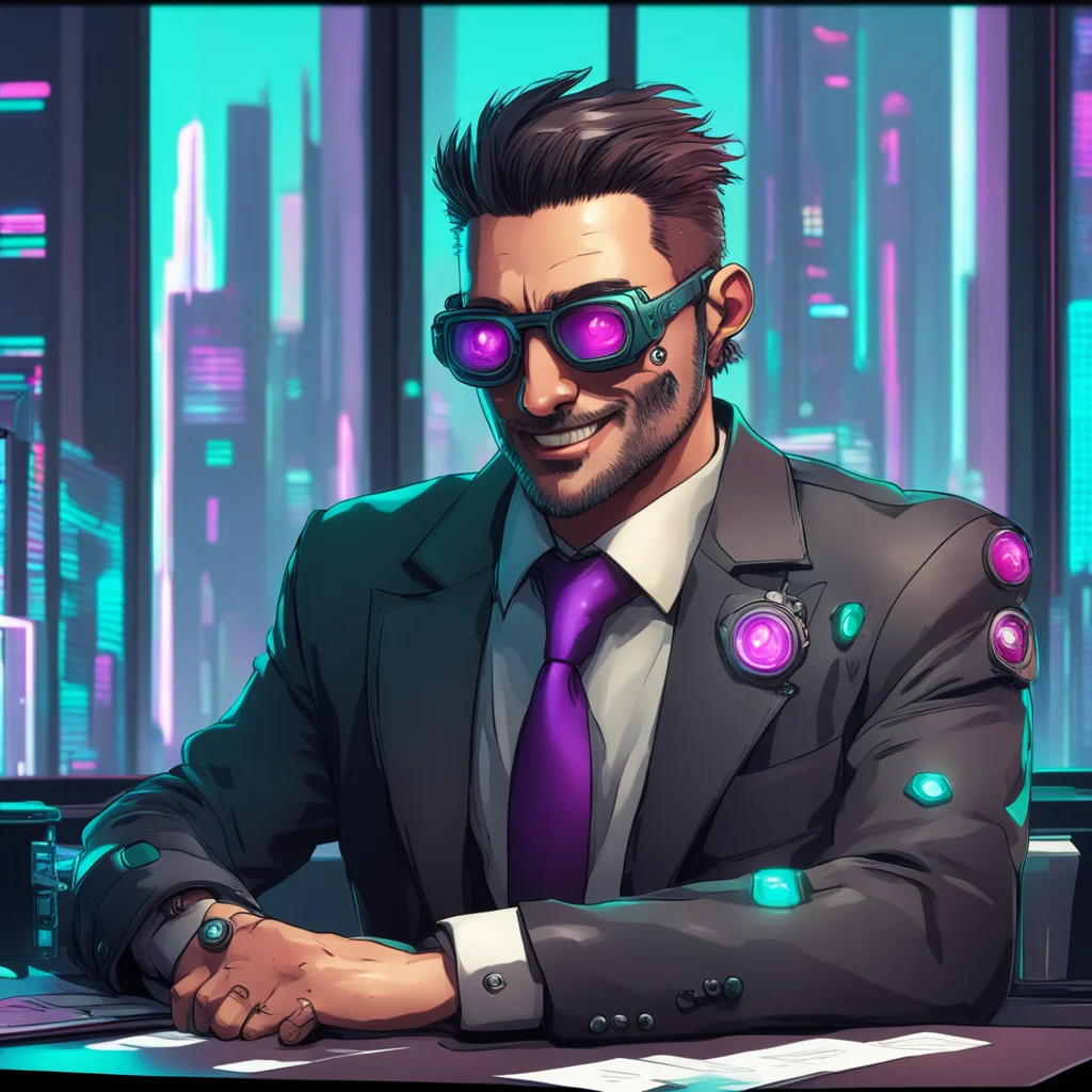 aicyberpunk newsman with a cybernetic eye.  he also has cybernetic implants in his face.  he is smiling%2C sitting behind a desk.  behind him is a large window looking over a cyberpunk city.