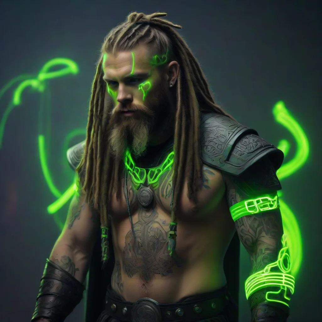 cyberpunk viking neon green light tattooed bearded dreadlocks wild holy thor matrix 