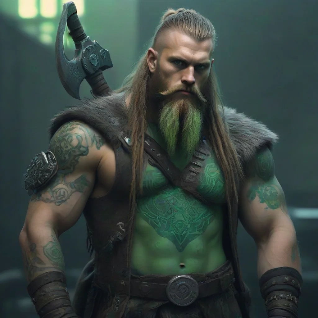 aicyberpunk viking wild axe matrix green tattoo beard long hair
