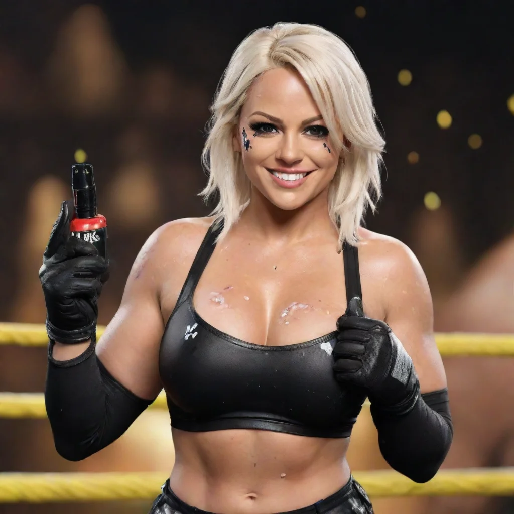 dana brooke wwe 2k20 professional wrestler smiling with black gloves and gun and mayonnaise splattered everywhere