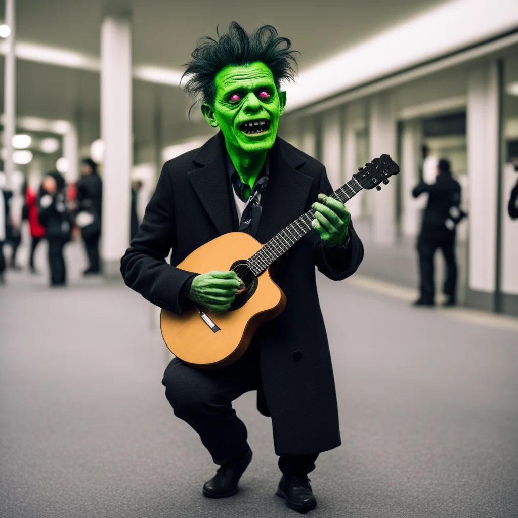 aidaniel melero disguised as frankenstein%C2%B4s monstersinging andplaying a ukelele in a railway station in the style of black