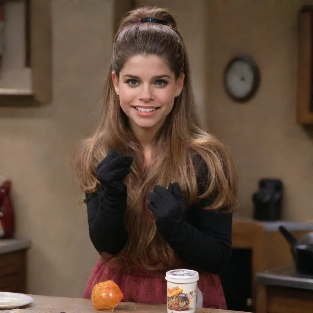 aidanielle fishel as topanga from boy meets world smiling with black gloves and gun shooting mayonnaise