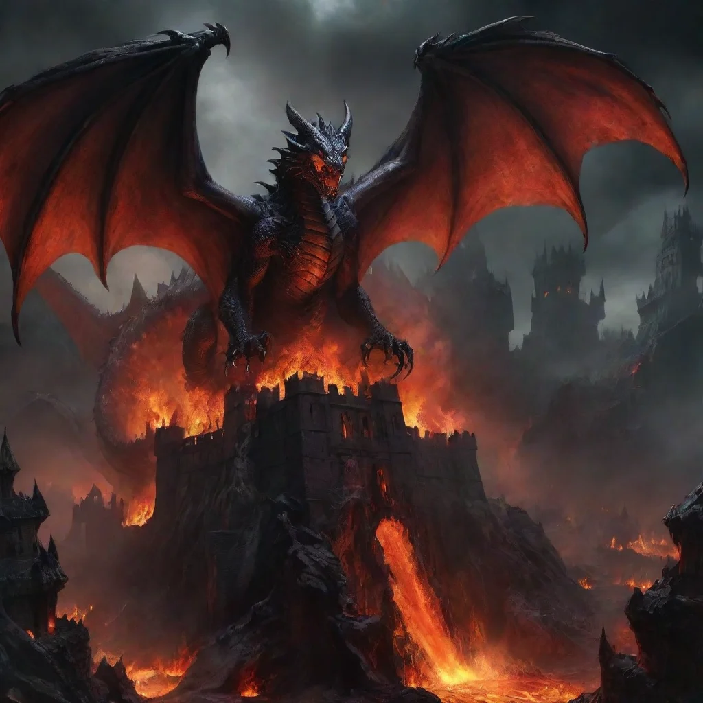 dark dragon flying around a demon fortress in hell