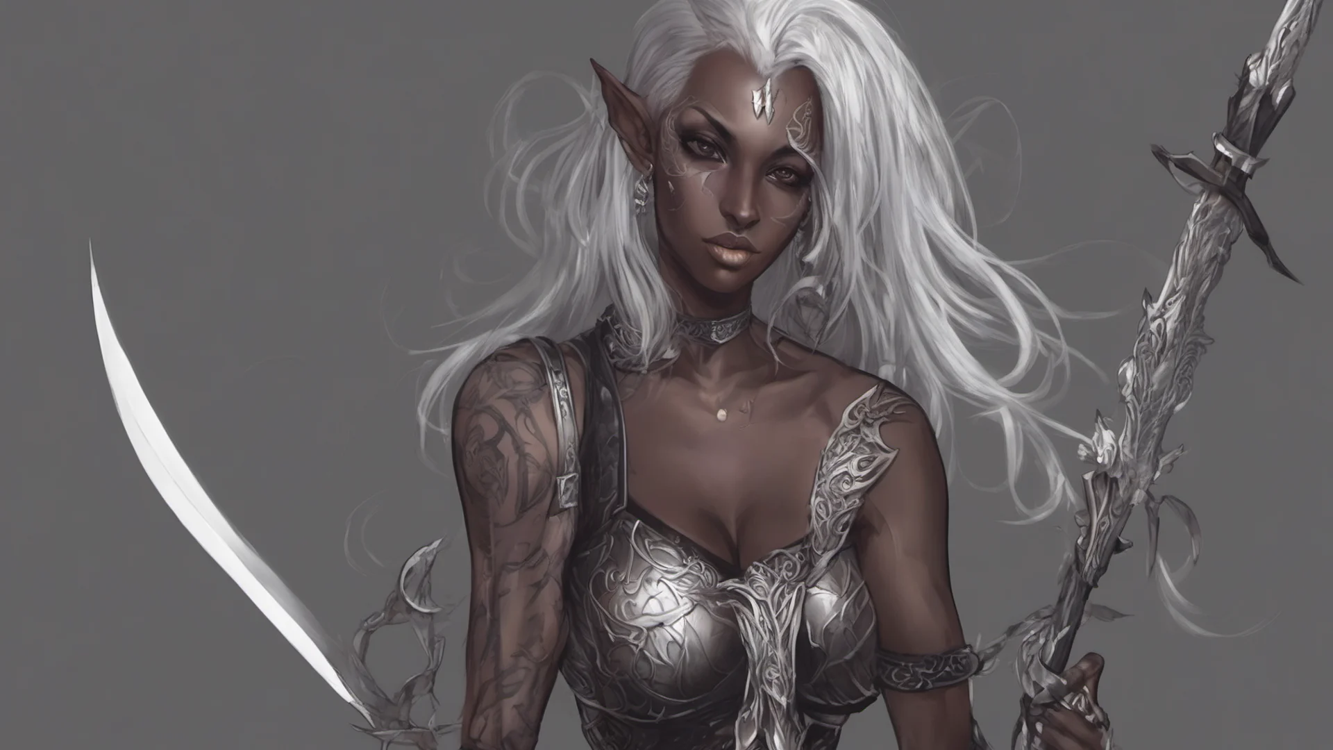 aidark elf woman%2Carmor%2Csword%2Cdark skin%2Csilver hair%2Clong elf ears%2Ctattoos%2Cmuscular confident engaging wow artstation art 3 wide