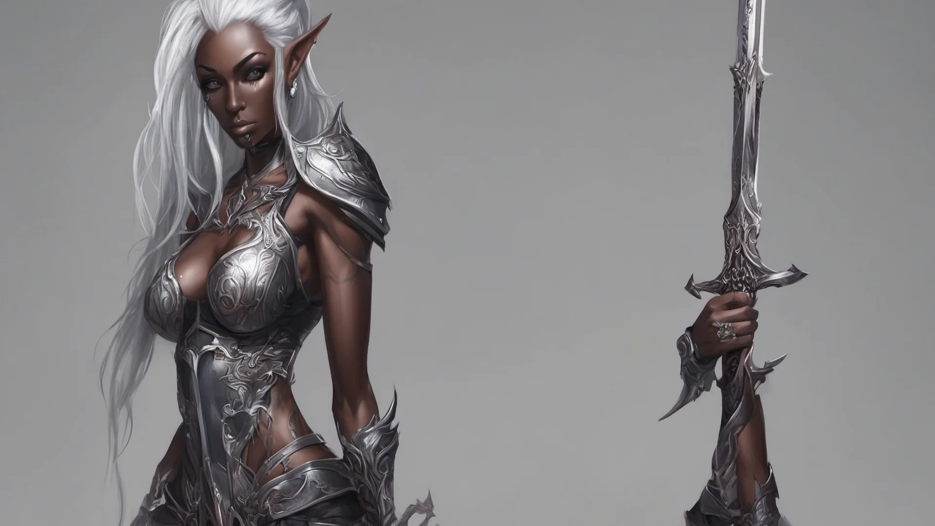 aidark elf woman%2Carmor%2Csword%2Cdark skin%2Csilver hair%2Clong elf ears%2Ctattoos%2Cmuscular good looking trending fantastic 1 wide