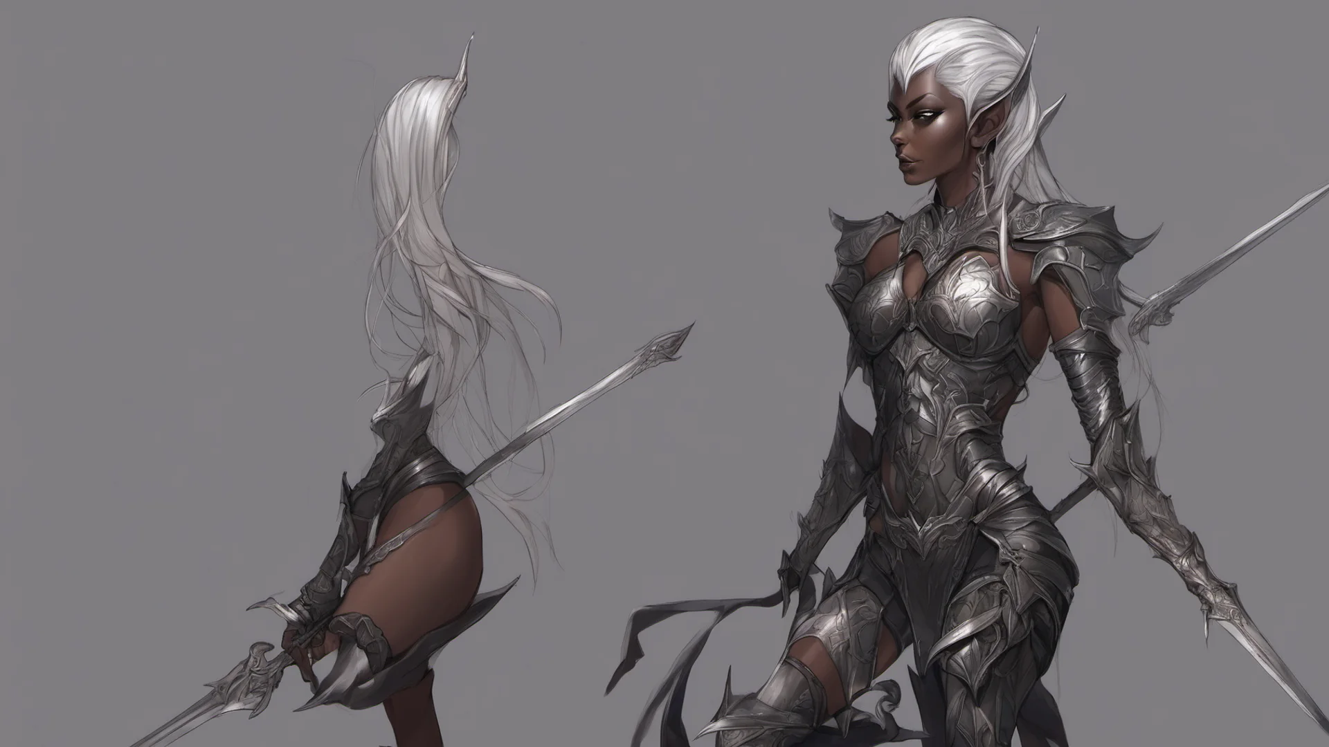 aidark elf woman%2Carmor%2Csword%2Cdark skin%2Csilver hair%2Clong elf ears%2Ctattoos%2Cmuscular wide