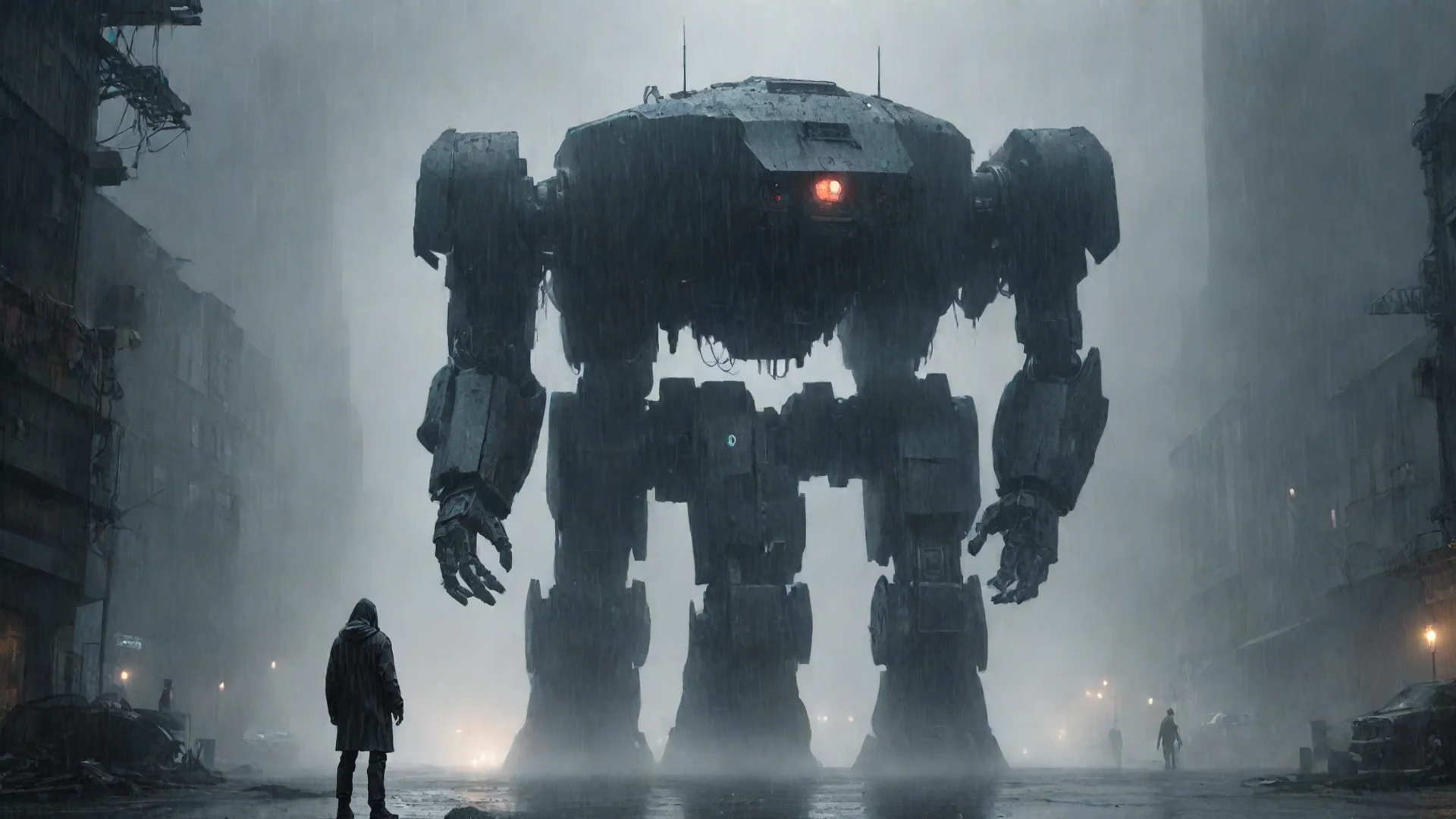 aidark fantasy%2C lone man facing a giant cyber robot during a rain storm in a post apocalyptic city wide