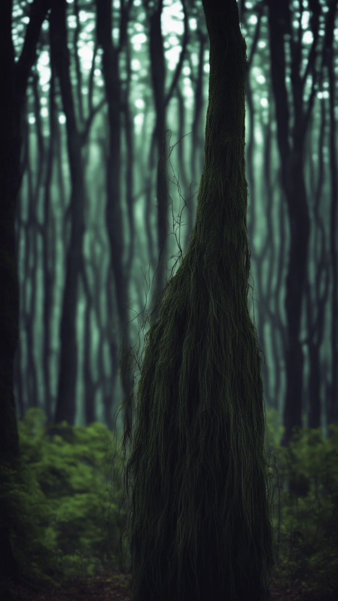 dark forest night magical eyes looking back willow the wisp volume light depth of field ar 169 tall