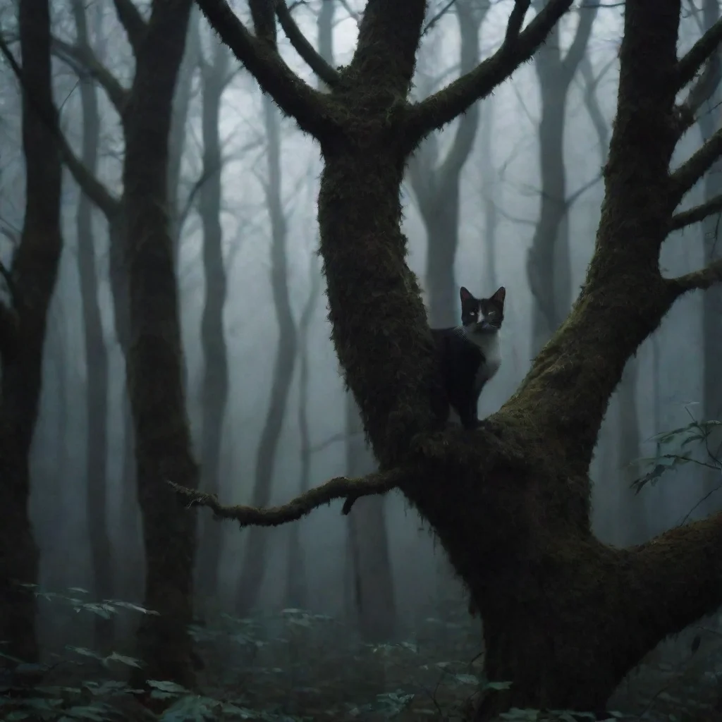aidark forest with cat in tree