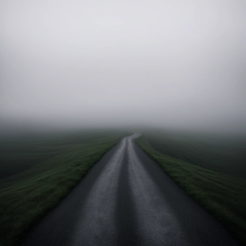 aidark long and winding road through a foggy uncanny emprty land