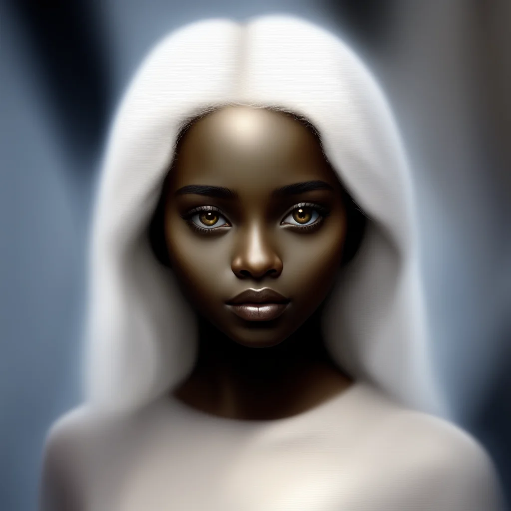 aidark skinned complexion girl with white hair%2C and golden eyes with bronze highlights hyperrealistic