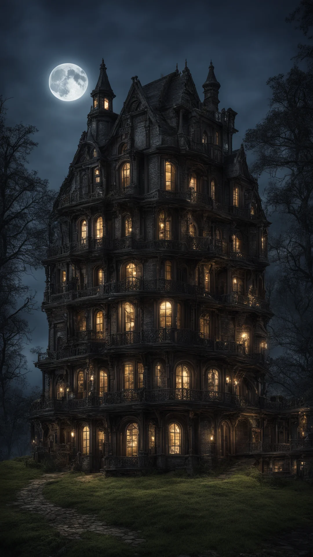 dark steampunk estate at night tall