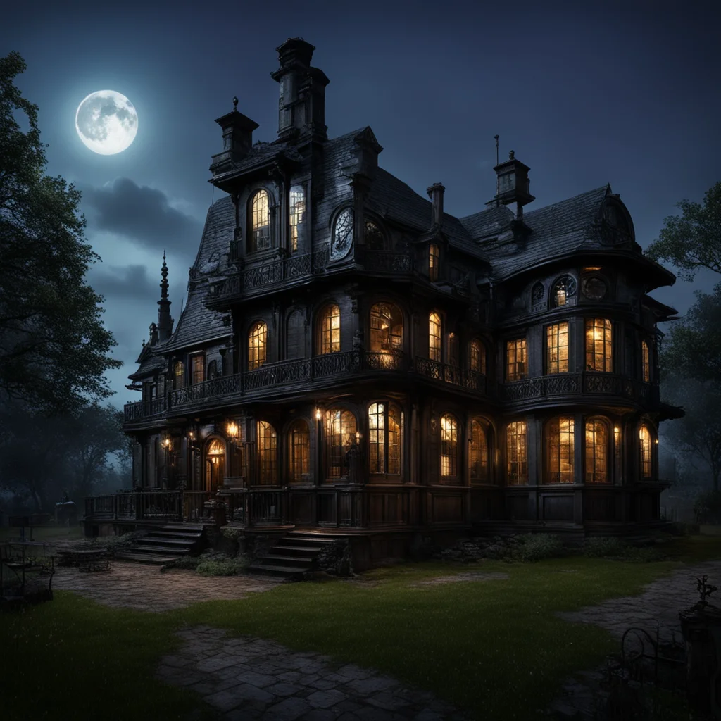 dark steampunk estate at night