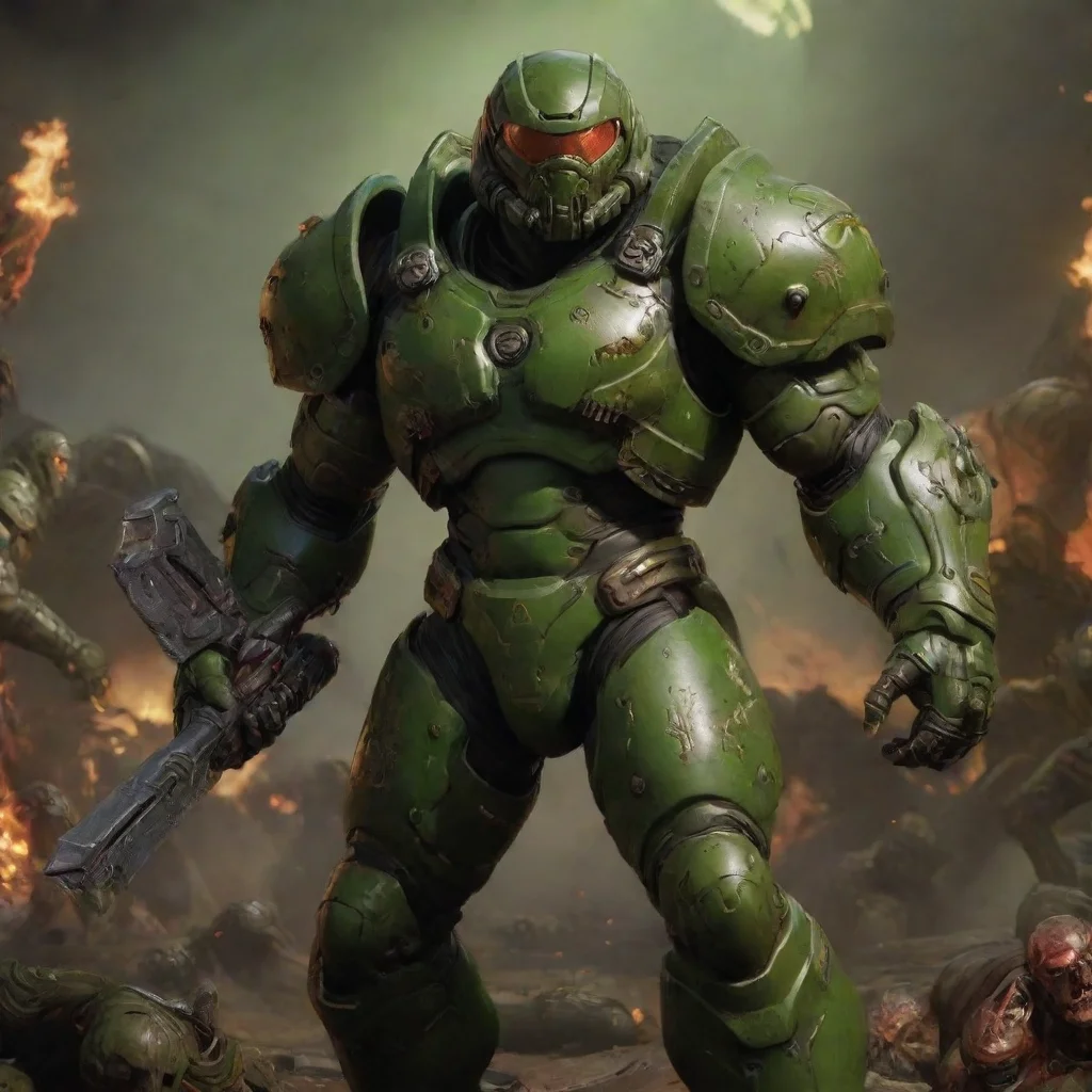 aiddom eternal video game%2C doom slayer%2C green armor%2C fighting demons%2C masculine%2C realistic%2C epic