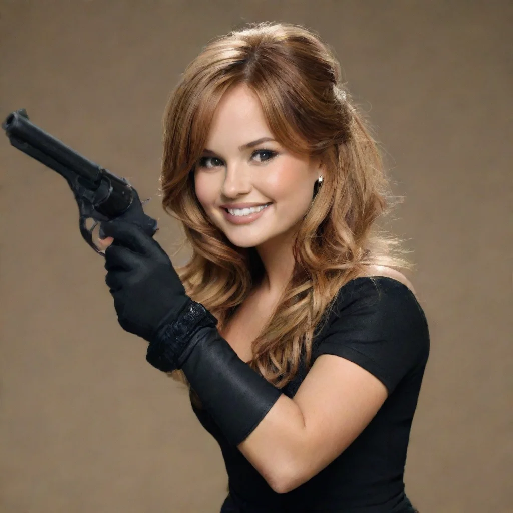 aidebby ryan aa bailey pickett  smiling with black gloves and gun