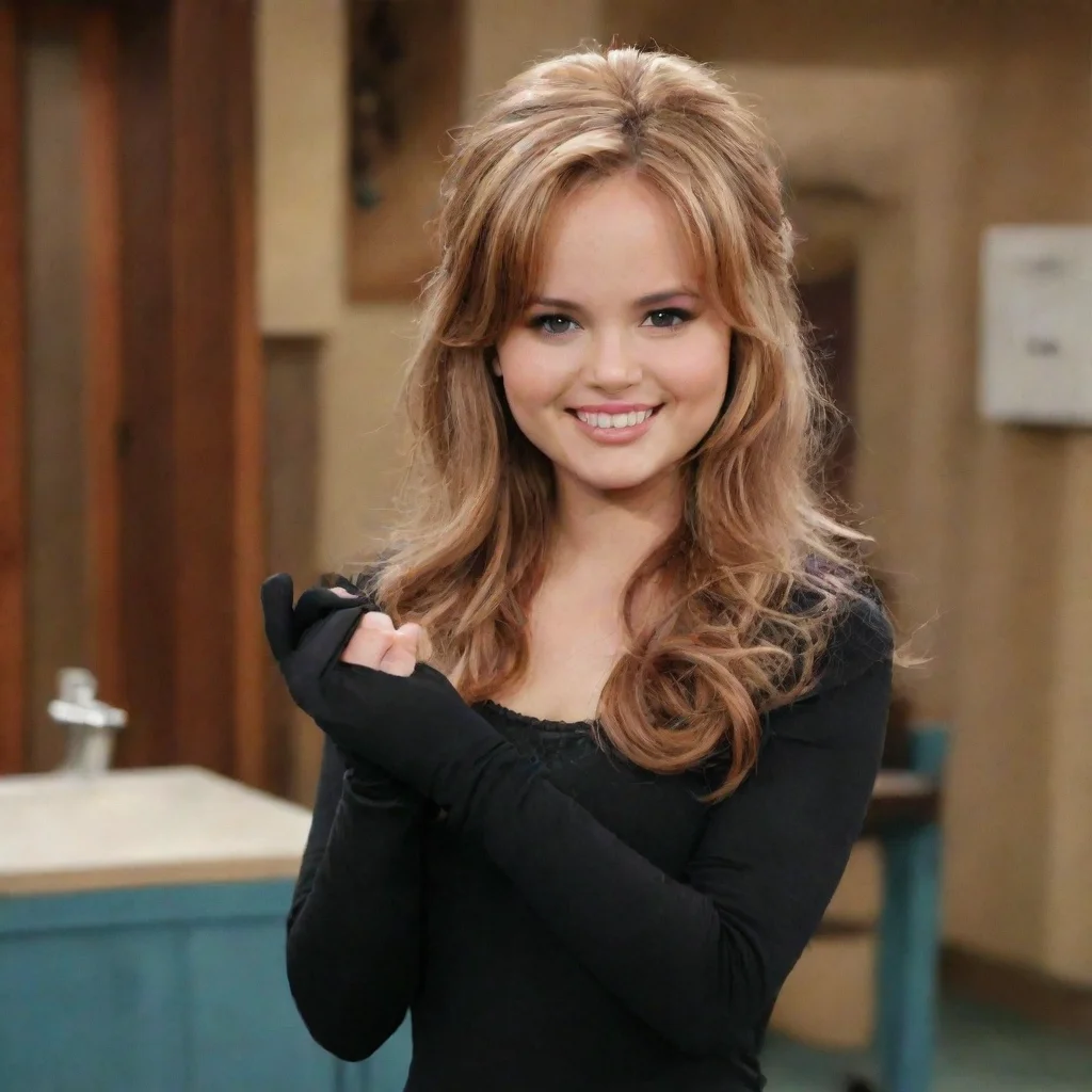 debby ryan aa bailey pickett from suite life on deck smiling with black gloves and gun hd