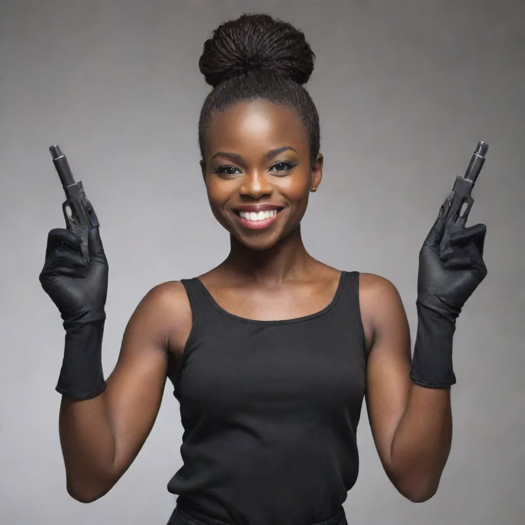 aideborah ayorinde smiling with black gloves and gun 