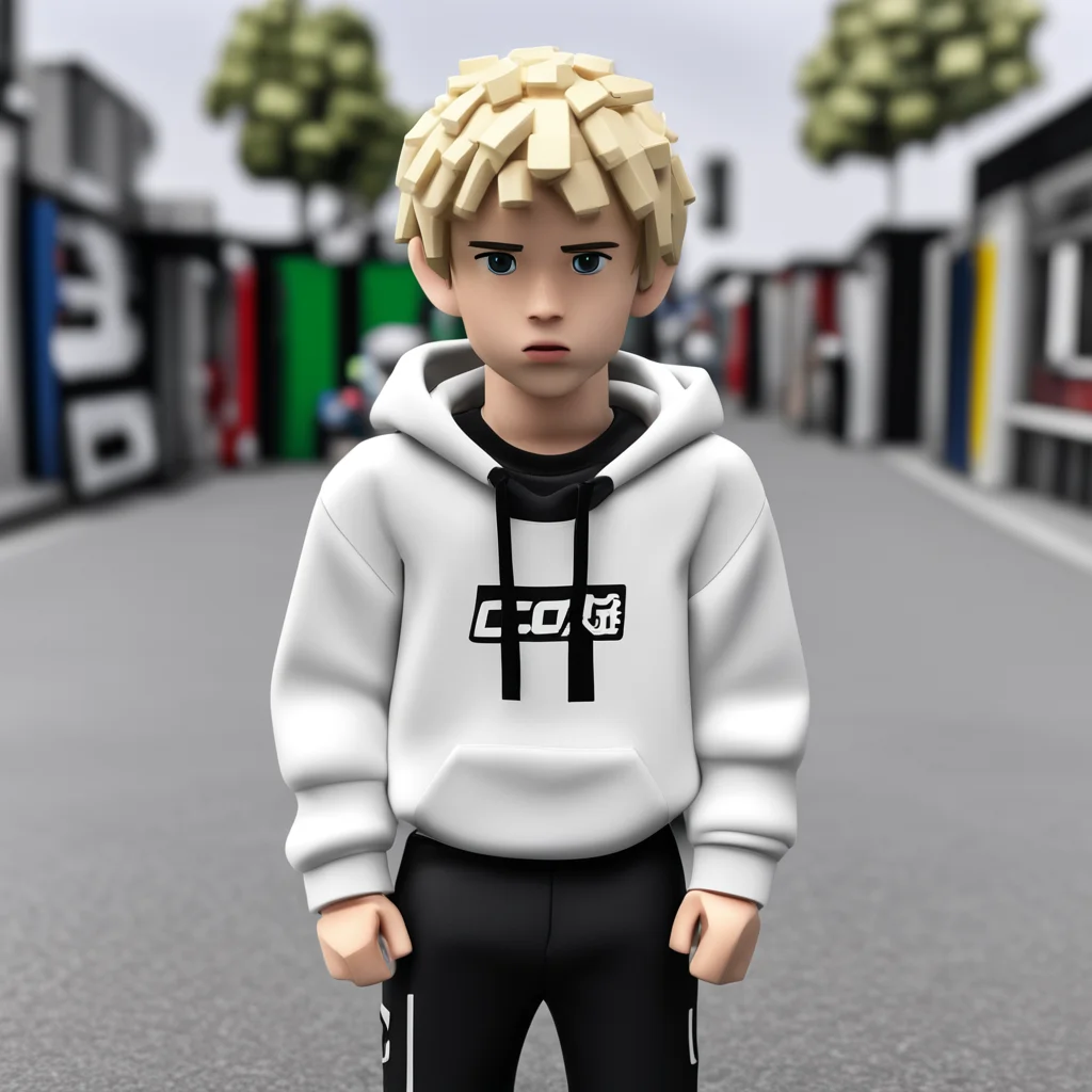 depressed boy in trapstar tracksuit with hood in lego city with doublecup of lean blonde short hair  