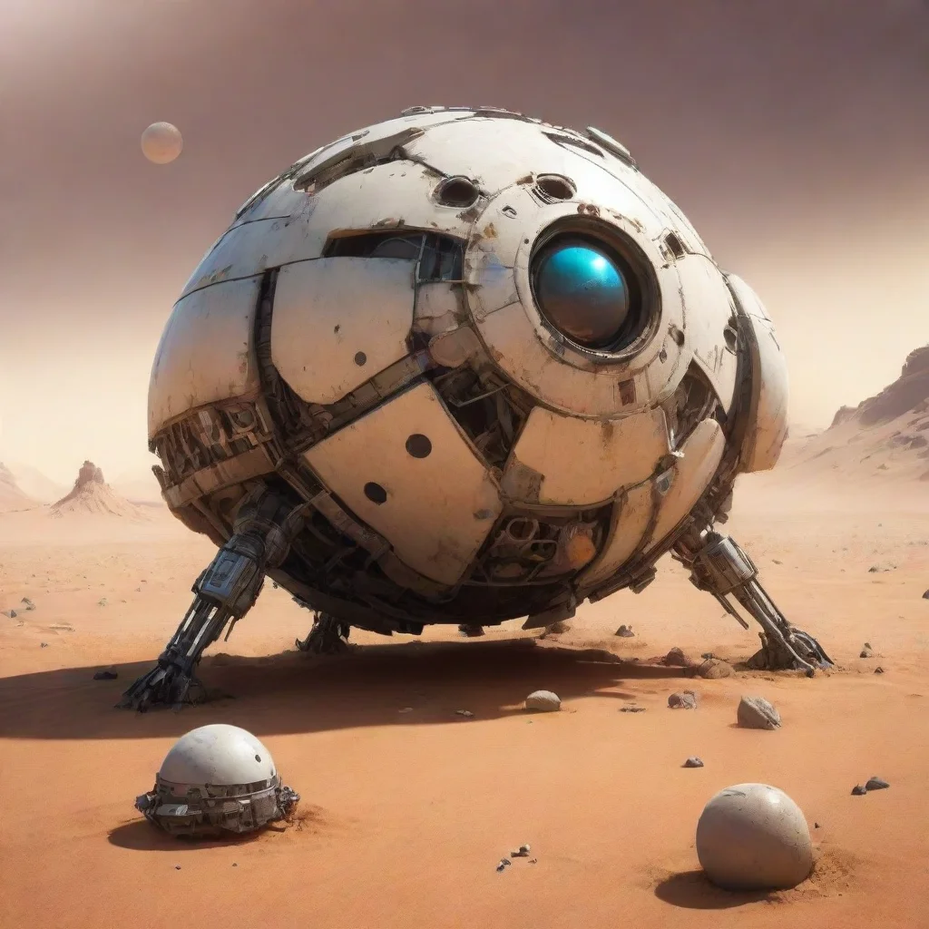 desert planet crashed spheric spaceship robot detailed