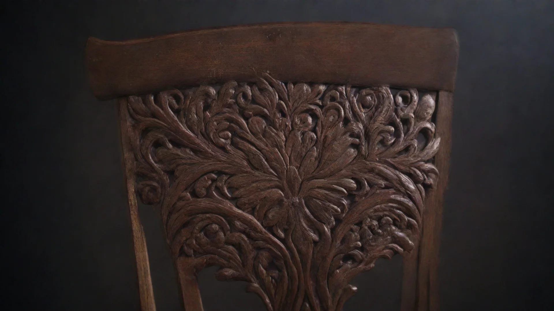 aidetail view of a modern dark brown and decorated wooden chair back%2C image blurred at the edge with high craftsmanship and dark background hdwidescreen